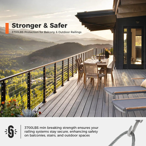 Outdoor deck with 3/16 Inch 500 Ft Stainless Steel Wire Rope 304 7x19 for Deck Cable Railing Balustrades Clotheslines and Zip Lines