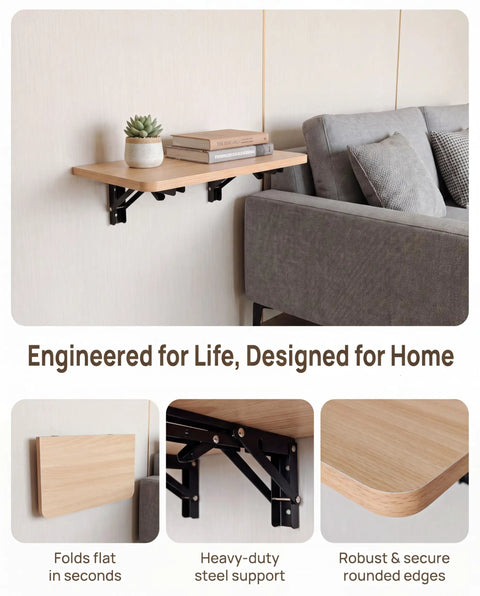 Slick Folding Wall Mounted Projector Shelf In Solid Natural Wood, showing compact design with succulent and books on a gray couch.