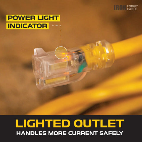 100 Foot Outdoor Extension Cord Heavy Duty 12 3 SJTW Yellow 3 Prong 15 Amp Cable lighted plug with power indicator