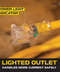 Heavy Duty 200 Foot Lighted Outdoor Extension Cord With 12/3 SJTW Wire Yellow 3 Prong 15 Amp Grounded Plug with light indicator