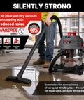 Heavy Duty Five Gallon Wet And Dry Shop Vacuum With Sleek Stainless Tank And Whisper Quiet Four Point Five Peak Horsepower Motor in use.