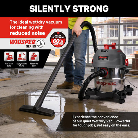 Heavy Duty Five Gallon Wet And Dry Shop Vacuum With Sleek Stainless Tank And Whisper Quiet Four Point Five Peak Horsepower Motor in use.