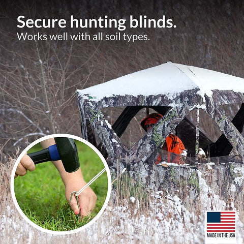 30 Pack Tent Stakes 9 Inch Galvanized Steel Ground Spikes securing a snow-covered hunting blind