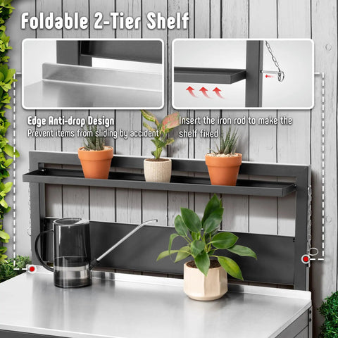 Outdoor Potting Bench With Storage Cabinet And Stainless Steel Work Surface showing foldable 2-tier shelf with plants
