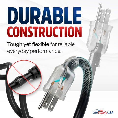 Heavy Duty 10ft Indoor Outdoor Extension Cord 10 Gauge 3 Conductor SJTW Waterproof 3 Prong Power Cable with durable construction