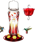 Glass Hummingbird Feeder For Outdoors Hanging 25 Oz Leak Proof Red With Ant Moat And Six Bee Proof Feeding Ports