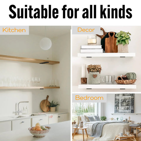 Image showing Hidden Floating Shelf Brackets Black Carbon Steel For 6 Inch Boards with applications in kitchen, decor, and bedroom.