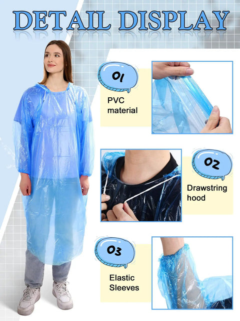 Person wearing blue rain poncho showing PVC material, drawstring hood, elastic sleeves, part of 40 Pack Disposable Rain Ponchos For Adults.