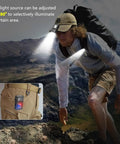 Man wearing 2 Pack Clip On Flashlight With Magnetic Base And USB C Charging, 800 Lumen Hat Clip Light For Camping on mountain trail.