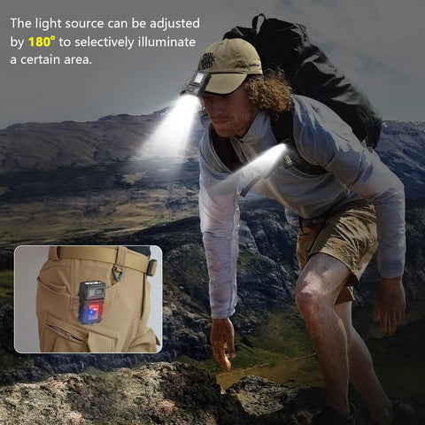 Man wearing 2 Pack Clip On Flashlight With Magnetic Base And USB C Charging, 800 Lumen Hat Clip Light For Camping on mountain trail.