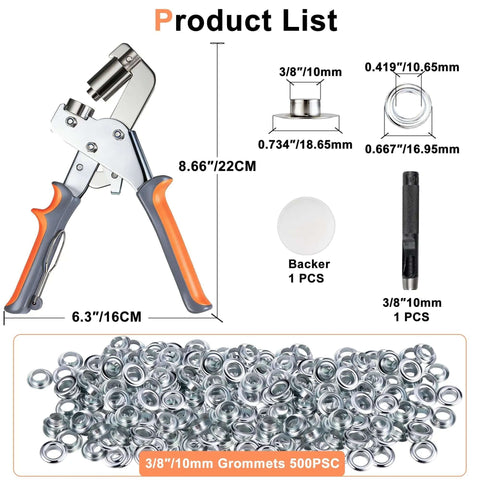 Grommet Tool Kit 500 Piece Set With Three Eighths Inch Grommets including eyelet punch, dies, and backer for tarp and fabric use