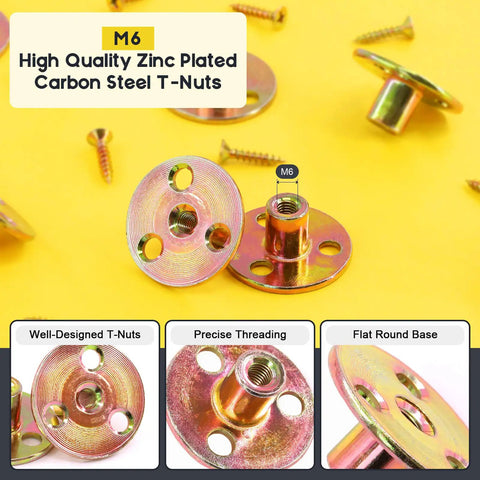 Rock Solid M6 Brad Hole Tee Nuts And Screws Kit 64 Piece Zinc Plated Carbon Steel T-Nuts with precise threading and flat round base.