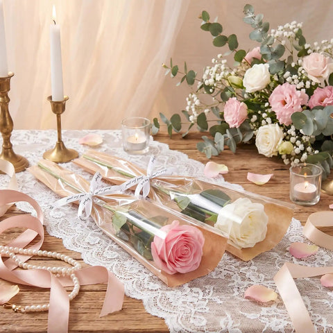 150 Pack Rose Sleeve Bouquet Bags Kraft Paper Backed With Plastic Front For Easy Floral Wrapping, two roses displayed elegantly