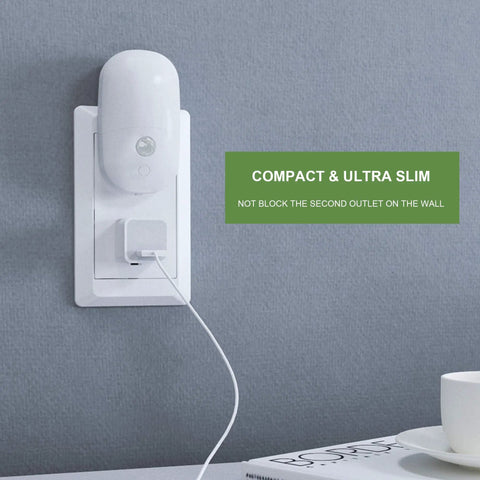 Plug In Motion Sensor Night Light Two Pack With Dusk To Dawn, Dimmable Soft Warm White LEDs in wall outlet, compact design