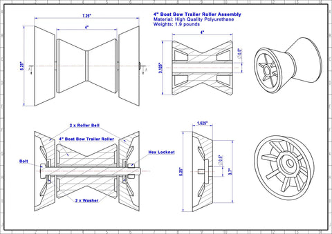 4 Inch Black Boat Trailer Roller Assembly schematic, made of TPU polyurethane, designed for one half inch shaft use.