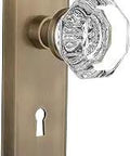 New York Plate With Keyhole Waldorf Crystal Knob Door Hardware Set, Passage Function, 2 3/8 Backset, Antique Brass Finish