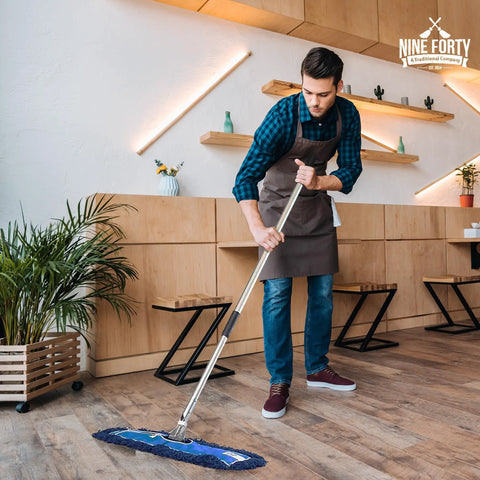 Person using Straight Up Premium Heavy Duty Nylon Dust Mop Replacement Head 2 Pack Fits Standard 36 Inch Frames on wooden floor.