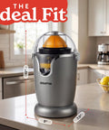 Gourmia Automatic Citrus Juicer One-Touch Operation Compact Electric Extractor With Universal Cone For Lemons Limes Oranges Grapefruits Anti-Drip Spout Dishwasher Safe Parts Quiet Motor Easy Cleanup on kitchen counter