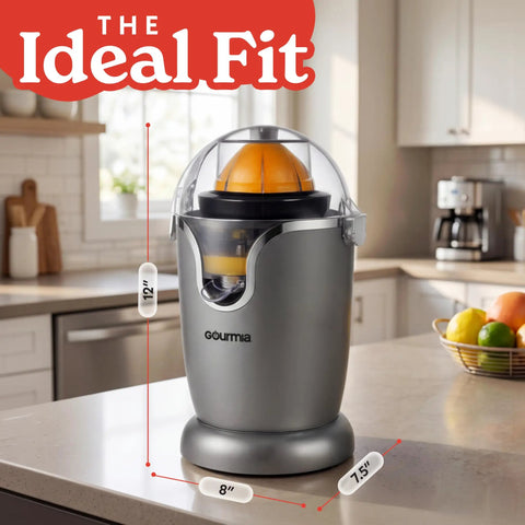 Gourmia Automatic Citrus Juicer One-Touch Operation Compact Electric Extractor With Universal Cone For Lemons Limes Oranges Grapefruits Anti-Drip Spout Dishwasher Safe Parts Quiet Motor Easy Cleanup on kitchen counter