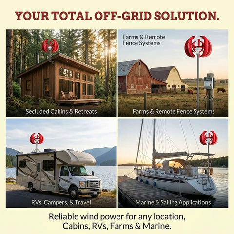Vertical Wind Turbine Kit 100W 300W 500W with MPPT Controller on homes, farms, RVs, and boats in various landscapes