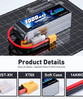 4S 3000mAh LiPo Battery 14.8V 50C Soft Case With XT60 Plug displayed on a measurement grid with product details below