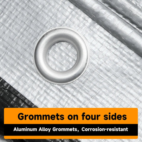 Close-up of aluminum grommet on Heavy Duty 30x30 Foot Poly Tarpaulin With Reinforced Edges And Grommets, Ultra Waterproof And UV Resistant Cover.