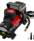 12V DC Portable Air Compressor With Digital Pressure Gauge And Bright Led Light For Cars Bikes And Midsize Suv Heavy Duty Tire Inflator Pump showcasing digital gauge and accessories.