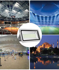 Top Shelf Industrial Grade 500W LED Flood Light in sports arena, illuminating events with 55000 lumens cold white glow.