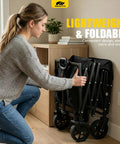 Person folding a Foldable Dog Wagon Cart With Drop-Down Tailgate, Heavy Duty All-Terrain Wheels, near a wooden shelf.