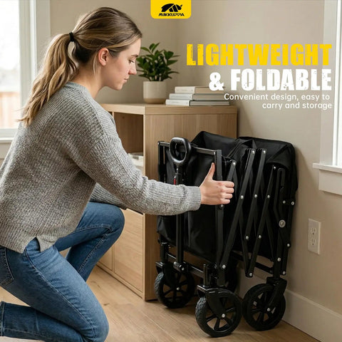 Person folding a Foldable Dog Wagon Cart With Drop-Down Tailgate, Heavy Duty All-Terrain Wheels, near a wooden shelf.