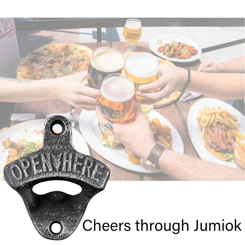 Vintage Cast Iron Beer Bottle Opener Wall Mounted Screw Post Set With Antique Aged Silver Finish Heavy Duty Rustic Hardware perfect for beer cheers and gatherings.