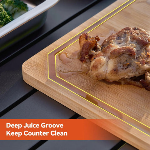 Juicy cooked meat on bamboo cutting board with deep juice groove, part of 5 In 1 Grill Prep Tray And Carry System For Outdoor Barbecues.