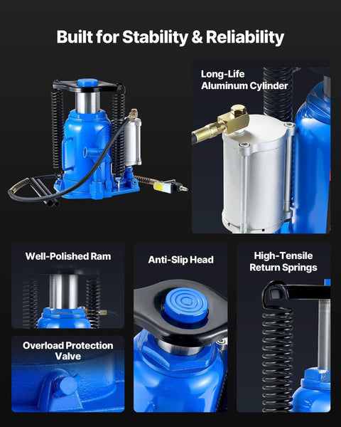 Blue VEVOR air-hydraulic bottle jack, 32-ton capacity, with manual pump for auto and truck repair.