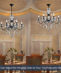 Dining room with Black Finish Crystal Candle Candelabra Chandelier With Six Light LED Pendant Fixture Elegant Statement Lighting