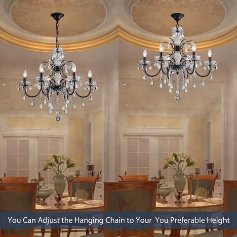 Dining room with Black Finish Crystal Candle Candelabra Chandelier With Six Light LED Pendant Fixture Elegant Statement Lighting