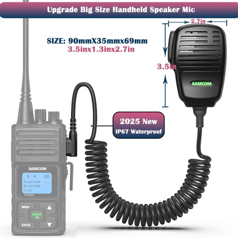 Waterproof IP67 Shoulder Microphone with 2 Pin Connector for Two Way Radios 2025 upgrade, shown attached to a SAMCOM radio.