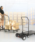Electric Platform Truck 661 Lbs Capacity Heavy Duty Flatbed Cart With 1000W Motor for warehouse sorting and loading boxes.