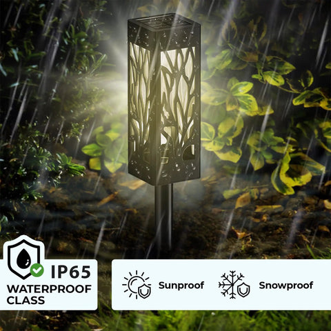 Solar Powered Pathway Lights Outdoor 10 Pack Waterproof LED Landscape Warm White For Patio Walkways Backyard Decor Energizing Garden Lighting With Auto On Off And Weatherproof Construction No Fuss Install shown illuminating in the rain.