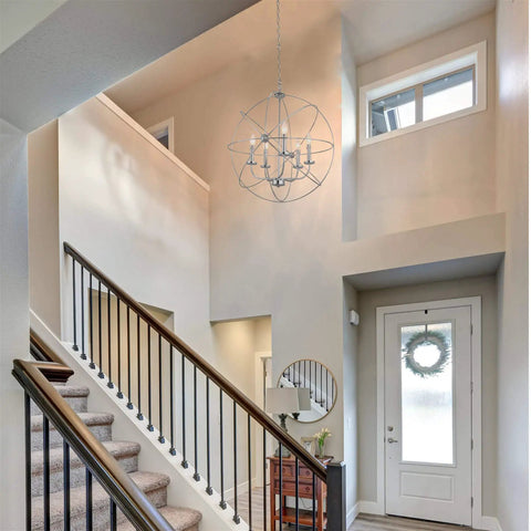 24-Inch Modern Orb Chandelier With Five Lights In Chrome Finish, Intertwining Ring Design In Entryway
