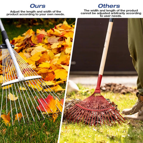 Comparison of adjustable metal leaf rake with telescoping handle and non-adjustable rake for lawn cleanup.