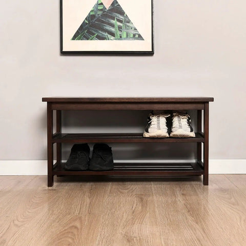Sturdy Hickory Wood Shoe Bench With Massive Storage For Entryway And Mudroom Indoor Outdoor Ready Front Door Organizer USA Grown Hardwood Dark Walnut Finish Solid Top And Bottom Shelves