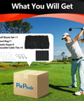 Golfer swinging with box labeled 'ParPeak', showing contents: golf shank net, sandbag, ropes, and cable ties against a green field.