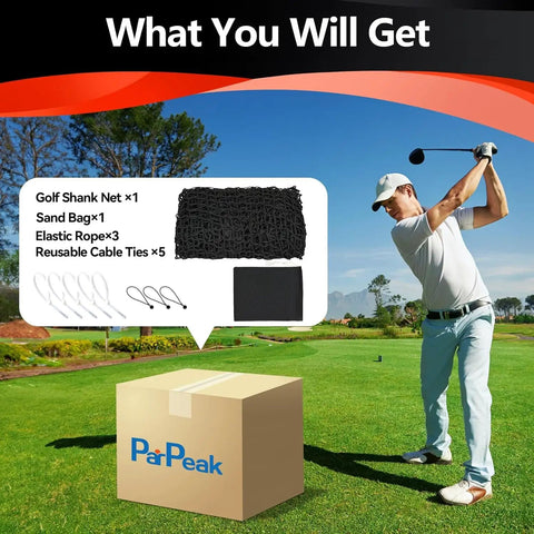 Golfer swinging with box labeled 'ParPeak', showing contents: golf shank net, sandbag, ropes, and cable ties against a green field.