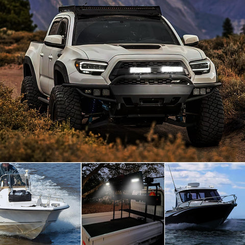 Side Shooter LED Light Bar Pair 6.5 Inch 60W Flood and Spot Beam Combo Pods on truck, ATV, and boat in use, 6500K white light