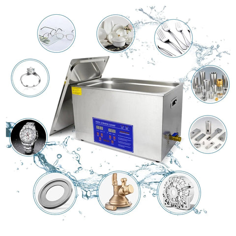 Heavy Duty Ultrasonic Cleaner With Digital Timer And Quick Heat Function Gets You The Nitty Gritty Shine On Jewelry Tools And Everyday Gear Without The Hustle Up To Thirty Liter Capacity, stainless tank with various cleaned items.