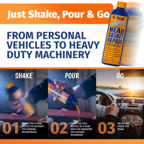 Ultimate Head Gasket And Block Repair Sealant For Cars Stops Coolant Leaks Permanently Seals Blown Gaskets Cracked Heads And Porous Engine Blocks 472ML being poured into a car engine cooling system.