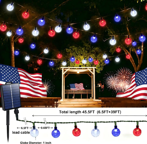 Red White Blue Solar String Lights 39Ft With 60 LEDs Waterproof Patio Lights for Independence Day garden display.
