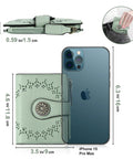 Compact Women’s Bifold Wallet With RFID Blocking Leather Card Holder Zipper Coin Pocket Slim Yet Roomy shown next to iPhone 15