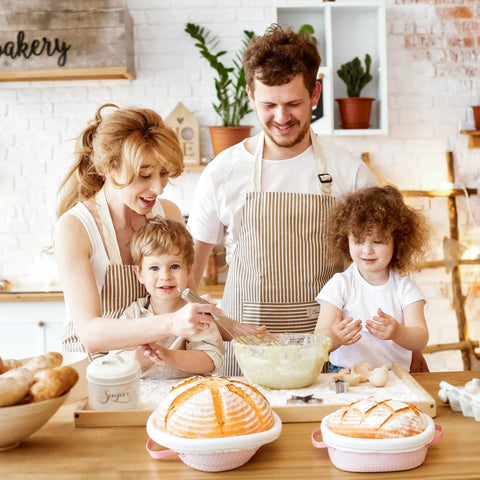 Family baking together with All-In-One Sourdough Gear With 2 Proving Baskets Oval And Round Starter Jar Dough Whisk Bench Scraper Lame Bread Sling And More A 22-Piece Complete Bake At Home Set For Artisan Bread Lovers The Perfect Gift For Women Moms Wives Bakers