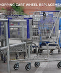 Multiple shopping carts with 5 Inch Shopping Cart Wheels Replacement Set With Five Sixteenth Inch Axle Polyurethane Casters visible.